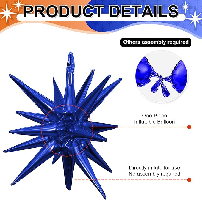 9Pcs Navy Blue and Orange Star Balloons, Large Explosion Foil Balloons - Image 3