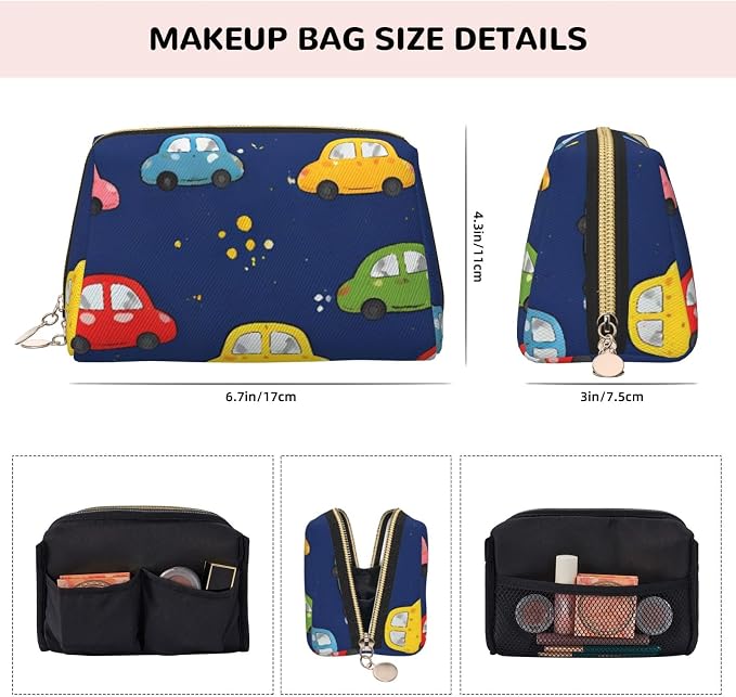 Navy Blue Drawing Car Leather Makeup Bag Cosmetic Pouch Portable Travel - Image 4