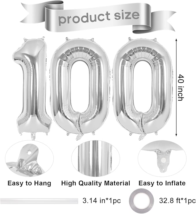 Silver Number 100 Balloon, 40 Inch Foil Helium Number Balloons, 100th Birthday - Image 2