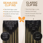 DOORES Seamless Clip in Hair Extensions Real Human Hair Extensions, Natural Black Mixed Chestnut Brown 110g 16 Inch 7pcs, Invisi Edge Hair Extensions Straight Hair Remy Natural Hair