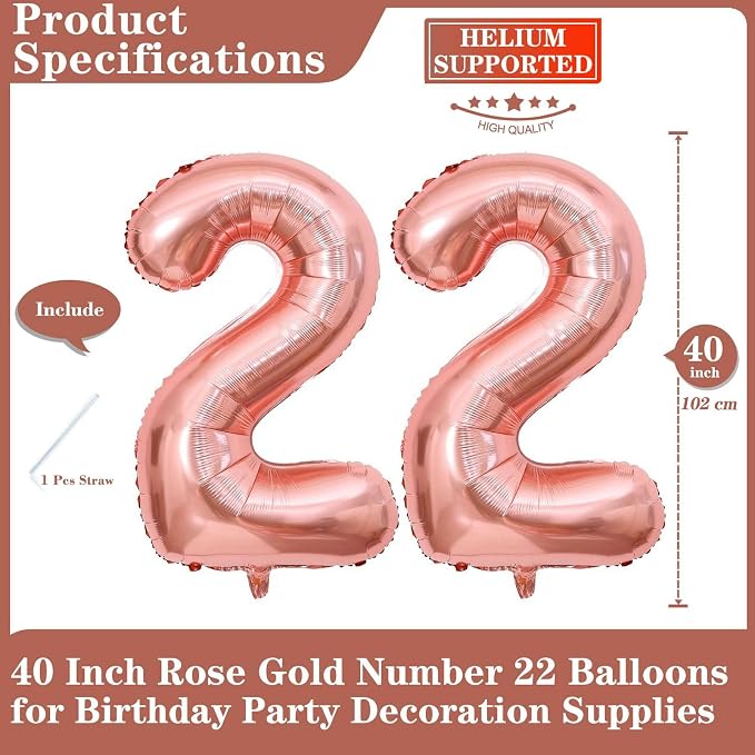 Rose Gold 22 Number Balloons, 40 Inch Giant Number 22 Balloons Foil Mylar - Image 2