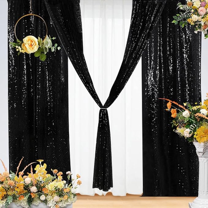 Eternal Beauty Black Sequin Backdrop Curtains, 4 Panels 2x8FT | 3mm Sparkle by EternalBeauty