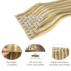 DOORES Hair Extensions Seamless Clip in Real Human Hair, Light Blonde Highlighted Golden Blonde 24 Inch 120g 7pcs, Human Hair Extensions Skin Weft Remy Straight Hair Invisi Edge Hair Extensions