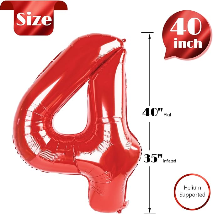 Red Number 4 Balloon 40 Inch, 4th Birthday Party Decorations Men Women | Foil - Image 5