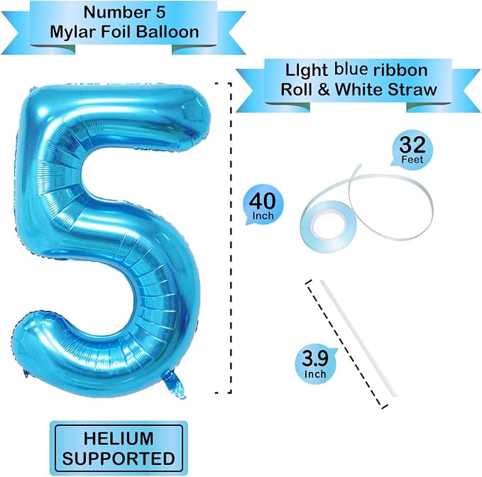 Blue 40 Inch Number 5 Balloon, Mylar Foil Balloon - Image 3