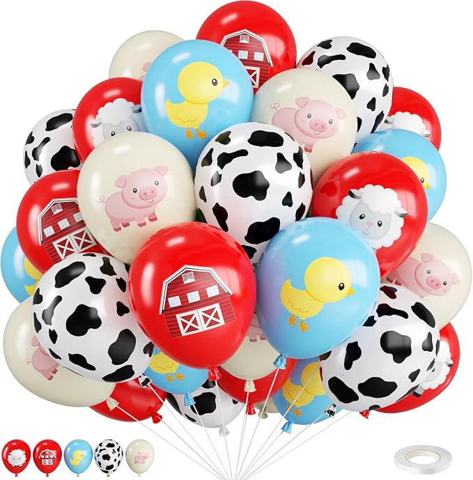 Red and Blue Farm Balloons, 12 Inch Farm Animal Balloons by FEYG