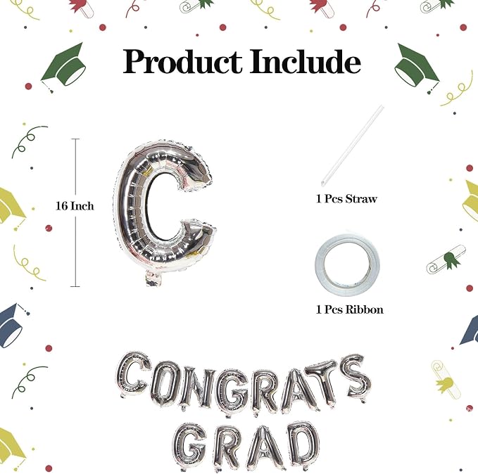 16 Inch Silver Congrats Grad Banner Balloons, Graduation Decorations 2026 - Image 2