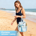 Mesh Shower Caddy Portable, Bathroom Caddy Organizer for College Dorm Essentials, Hanging Shower Tote Bag with 7 Pockets for Beach, Swimming, Gym camping Blue Checkered