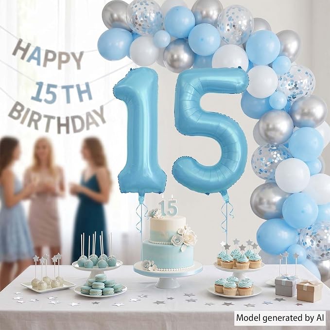 Pearlescent Blue Number 15 Balloon 40 Inch, Large Light Blue Foil 15th Birthday - Image 7