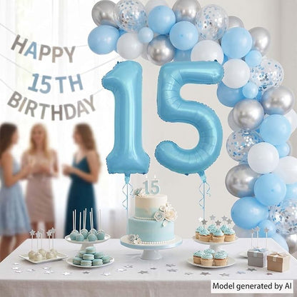Pearlescent Blue Number 15 Balloon 40 Inch, Large Light Blue Foil 15th Birthday - Image 7