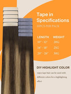 DOORES Tape in Hair Extensions Human Hair, Chocolate Brown to Caramel Blonde 10 Inch 20g 10pcs, Hair Extensions Tape in Human Hair Straight Remy Hair for Women