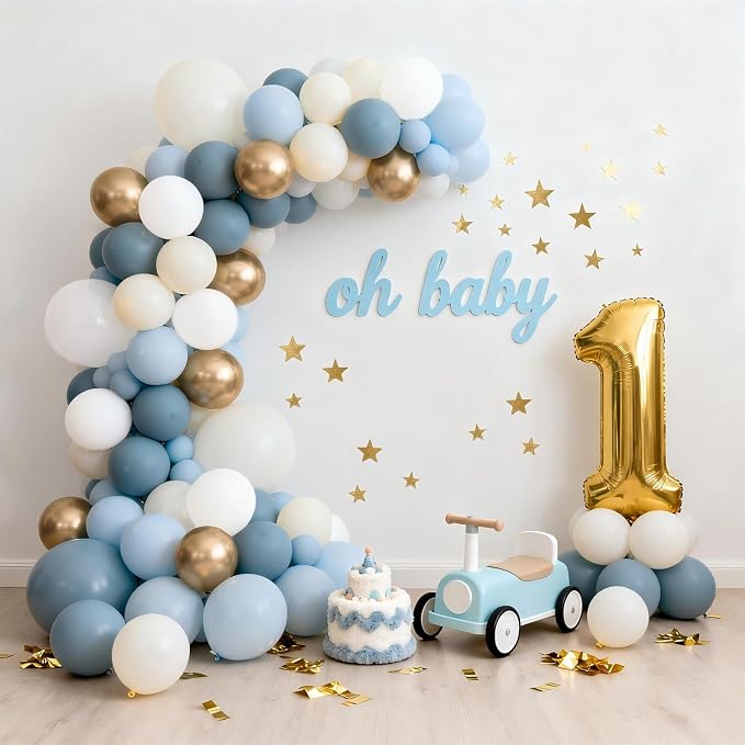 Dusty Blue White Gold Balloon Arch Kit, Light Baby Blue Sand White, Party | - Image 4