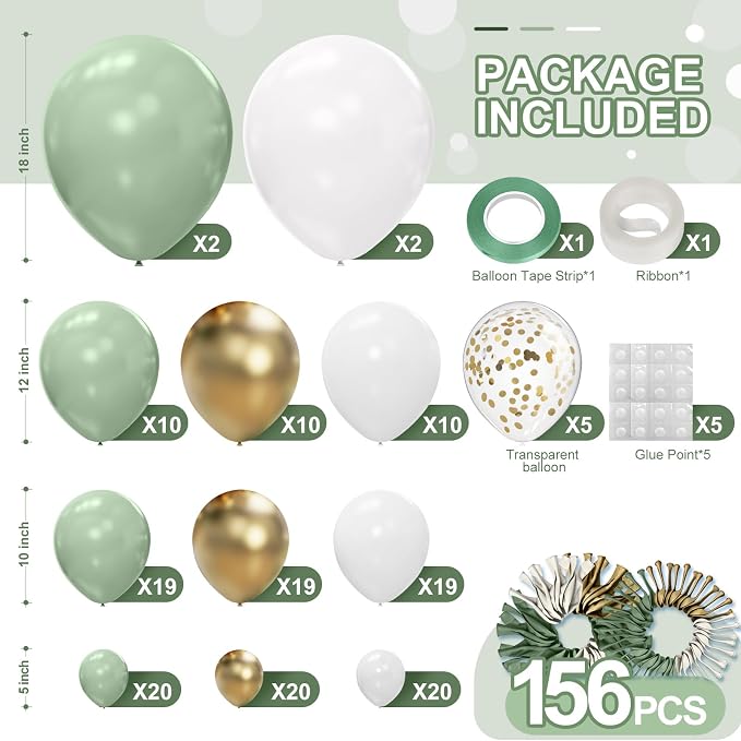 Sage Green White Gold Balloon Garland Arch Kit 156 Pcs Different Sizes 18 12 10 - Image 2