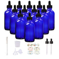12 Pack 4oz Cobalt Blue Glass Bottles with Glass Eye Droppers for Essential Oils, Perfumes & Lab Chemicals (Brush, Funnels, 2 Extra Droppers, 24 Pcs Labels & 30ml Measuring Cup Included)
