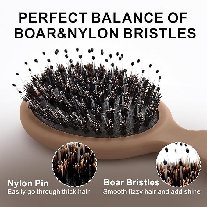 Mini Boar Bristles Hair Bursh, Travel Size Hair Brush for Women Men Kids, Protable Small Hair Brushes for Pockets Purses, Mini Hair Brush for Smooth Add Shine (1 Pack-Mocha)