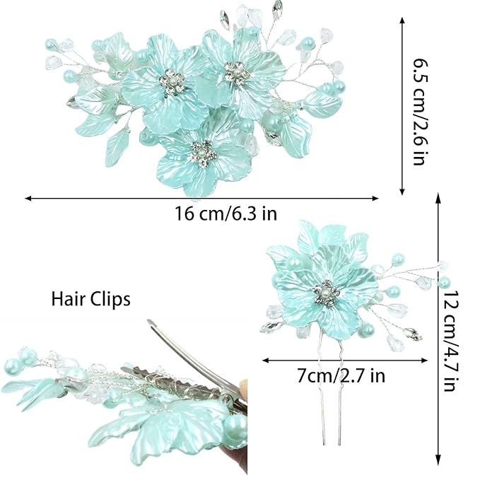 3 PCS Large Flower Bridal Wedding Hair Pins Crystal Pearl Hair Clips Headpiece Bride Hair Accessories Jewelry with Rhinestone, Glitter Emboss Blue Flower