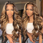28 Inch 13x6 Body Wave Highlight Ombre Lace Front Wig Human Hair 13x6 HD Lace Front Wigs Human Hair 180% Density P4/27 Colored Wigs Honey Blonde Glueless Wigs Human Hair Pre Plucked Pre Cut