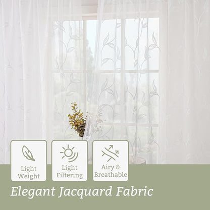 White Sheer Curtains Boho Leaf Floral Embroidered 54Wx102L | Light Filtering - Image 5