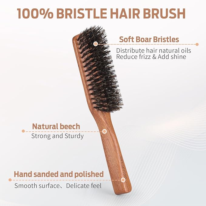 BRUSHZOO Hair Brush, Boar Bristle Hair Brush for Women Men Short Thin Fine Hair, Beech Handle Hairbrush for Styling Smoothing