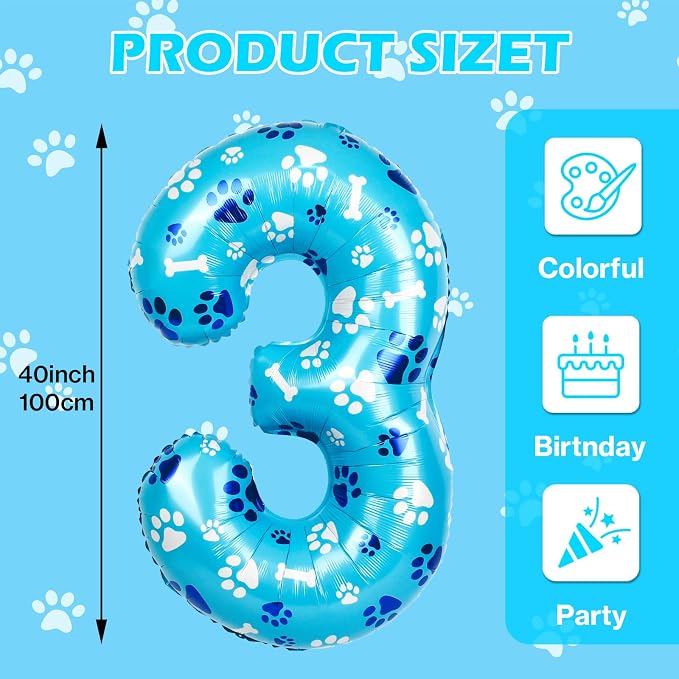 40 Inch Blue Dog Paw Birthday Balloons, Number 3 Balloons - Image 2