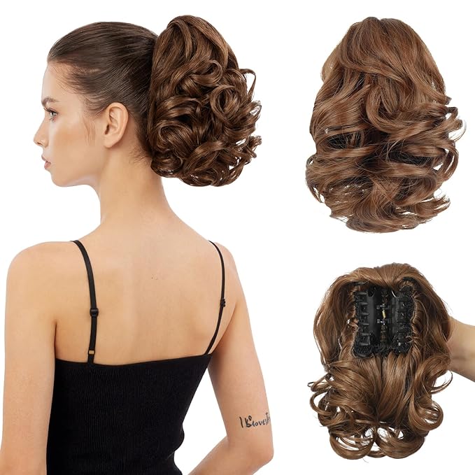 Ponytail Extension, Clip on Ponytails for Women, 9" Claw Clip in Short Curly Wavy Pony Hair Extension for Women - Light Golden Brown