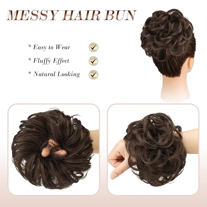 FESHFEN Messy Bun Hair Piece - Elastic Wavy Curly Hair Bun Scrunchies Extensions Synthetic Chignon Hairpieces for Women Girls, Medium Chestnut Brown 1.5 oz