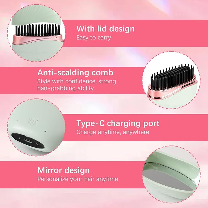 Mini Straightener, New Cordless Rechargeable Portable Hair Straightener Brush, 3-Speed Temperature Control, Anti-Scald Shell, Lightweight & Portable Travel (Pink)