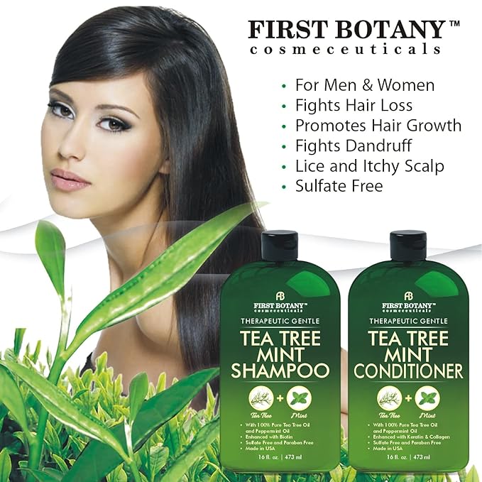 First Botany Tea Tree Mint Shampoo & Conditioner for Men & Women - Pure Tea Tree & Peppermint Oil - Fights Hair Loss, Dandruff, Lice & Itchy Scalp, Promotes Hair Growth - Sulfate Free - 16 Fl Oz x 2