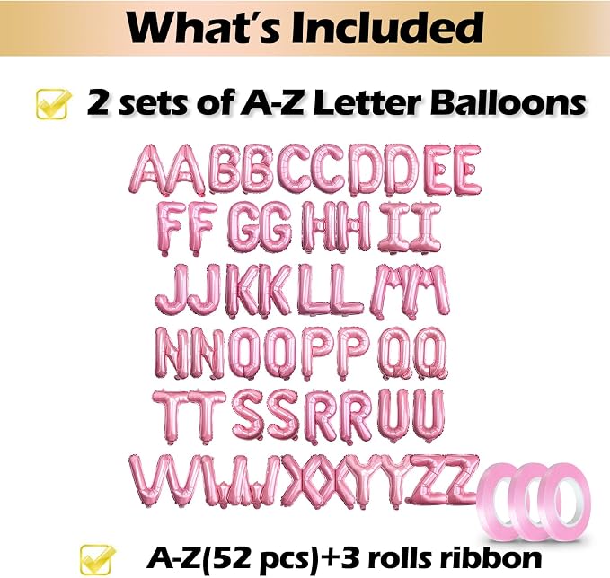 16 Inch 52Pcs Pink Letter Balloons Shiny A-Z Foil Balloon Letters | Reusable - Image 3