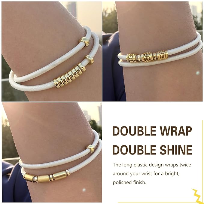 Blonde Extra Large Long Bracelet Hair Ties for Thick Curly Hair,3 Pack 3mm Elastic Ponytail Holders Accessories for Women No Damage Stretchy Pony Tails Bands with Gold Metal Charms Beads