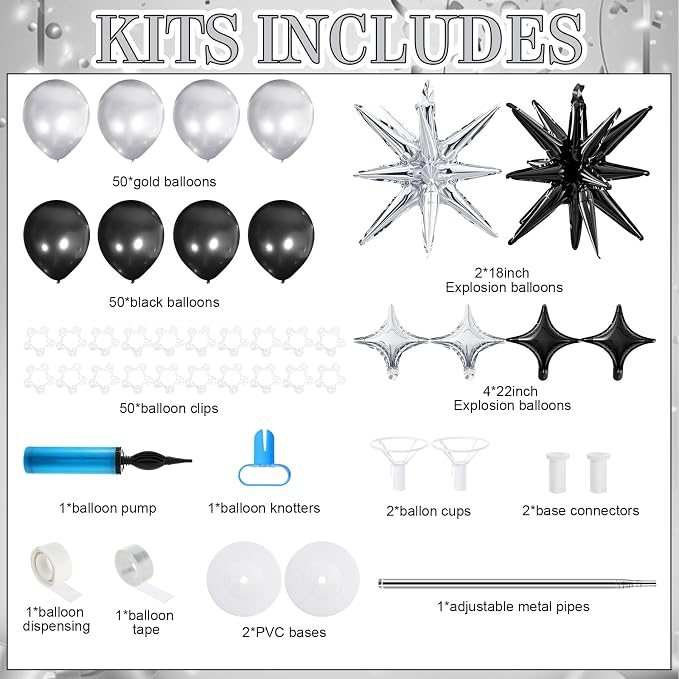 Soulchen 110 Pcs Black Silver Explosion Balloons Column Stand Kit Adjustable - Image 2