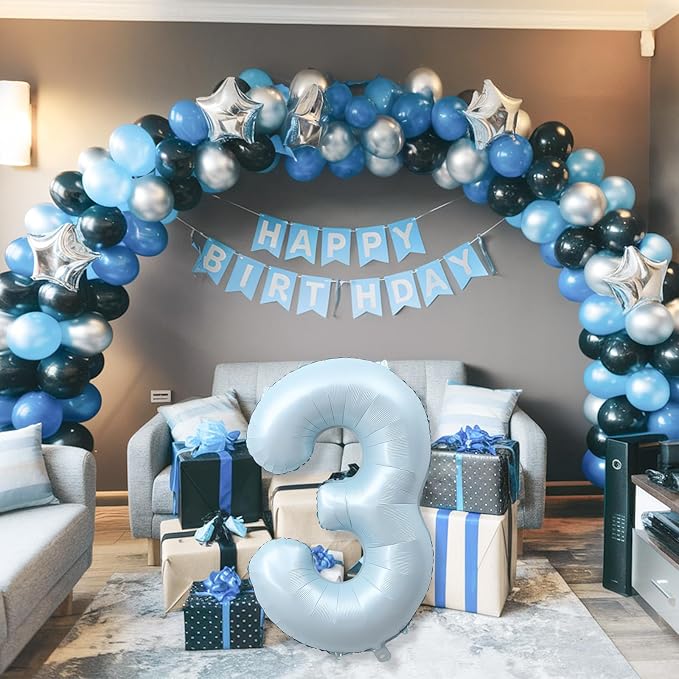 3rd Birthday Balloons for Boys, Pastel Sky Blue Large Mylar 3 Balloon Number - Image 5