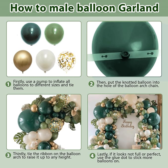 Emerald Green White Gold Balloons Arch Kit, Double Stuffed, Latex | - Image 4