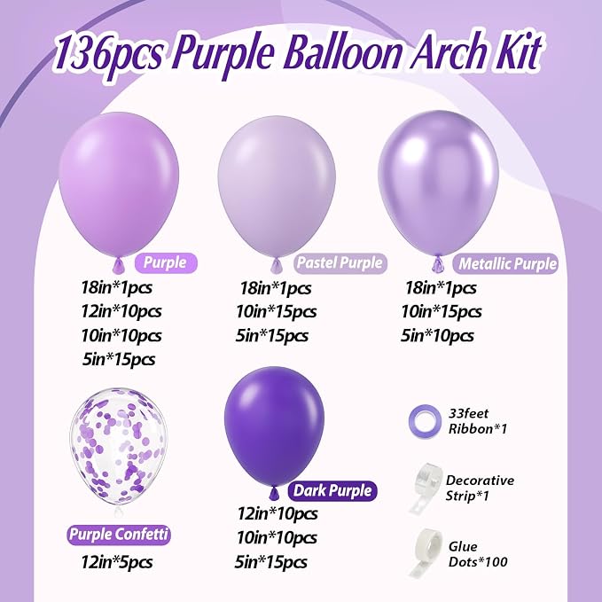 136pcs Purple Balloons Garland Arch Kit, 18 12 10 5 In Dark Light Metallic - Image 2