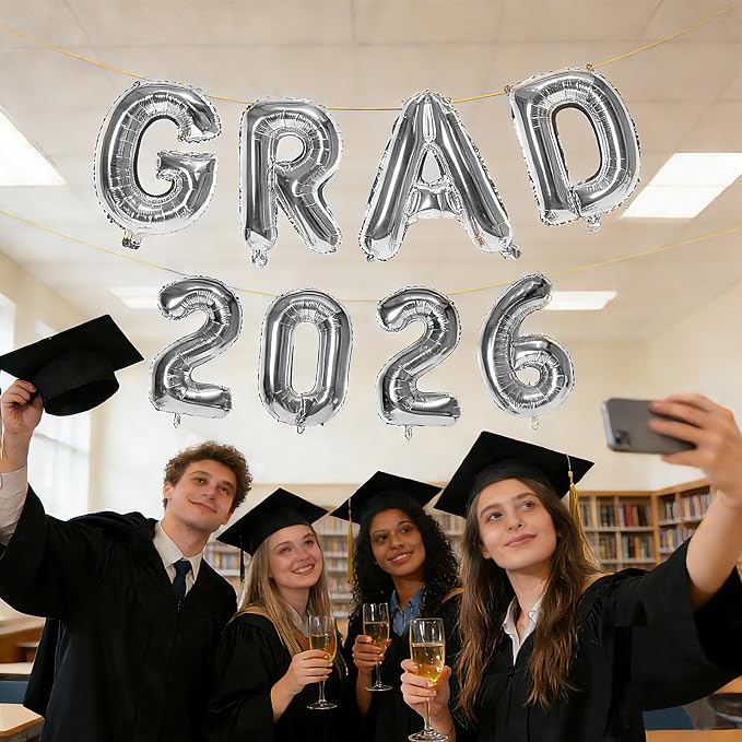 Silver GRAD 2026 Banner Balloons, 16 Inch Mylar Foil letter Graduation Balloons - Image 4