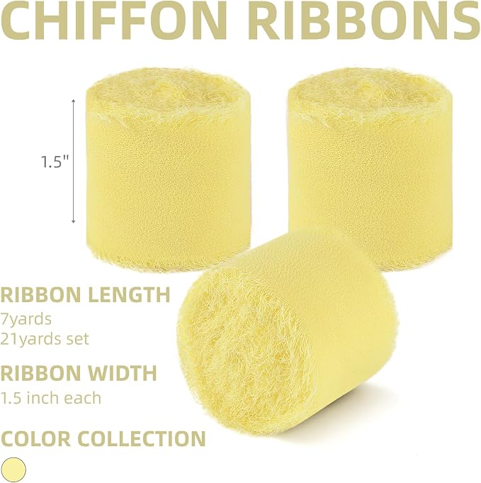 KEOSREE 3 Rolls Cream Yellow Handmade Chiffon Ribbon, 1.5" x21Yd | Frayed - Image 2