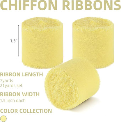 KEOSREE 3 Rolls Cream Yellow Handmade Chiffon Ribbon, 1.5" x21Yd | Frayed - Image 2