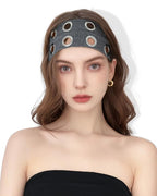 Grommet Headband for Women, Wide Grey 20cm Hollow Out Elastic Hair Band, Eyelets Punk Grunge Stylish Hairband