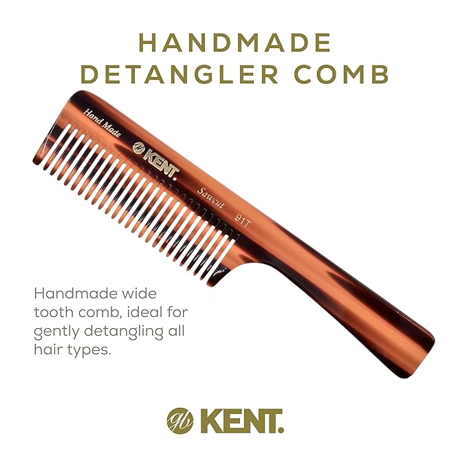 Kent 91T Wide Tooth Detangler Hair Comb for Women and Men - for Curly and Wavy Hair - Wet Hair Comb, Large Handle Wide Tooth Shower Comb for Effective Detangling, Saw-Cut Hand Polished made in England
