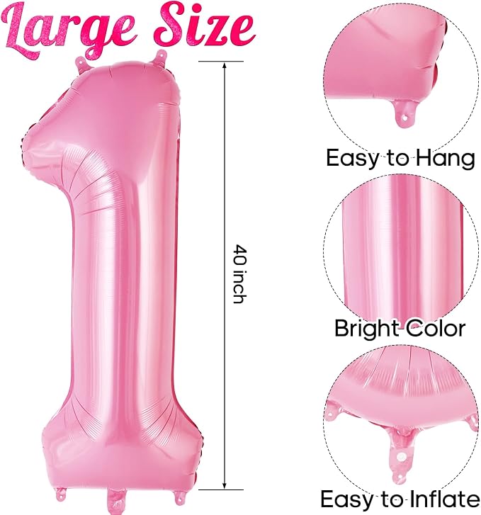 Pink Number 1 Balloon 40 Inch, Big Large Foil Helium Number Balloons, Jumbo - Image 3