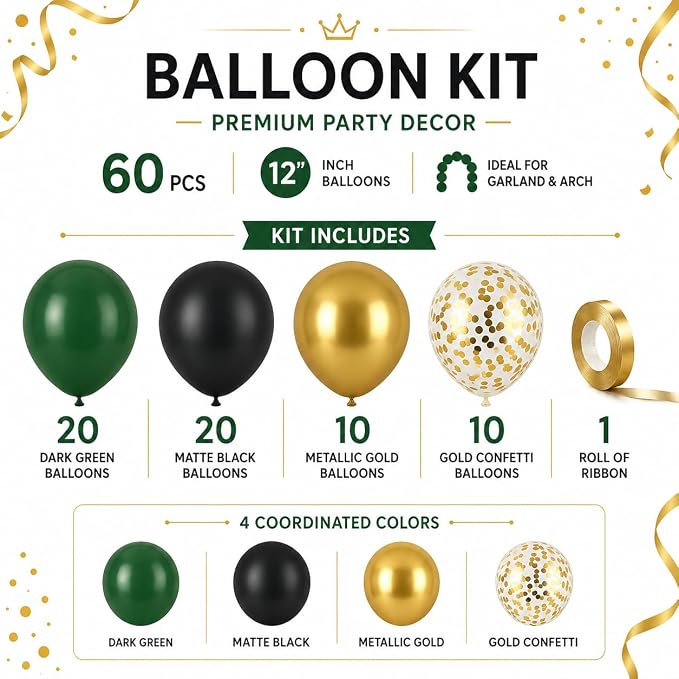Black Gold Green Balloons for Graduation Party Decorations 60PCS 12INCH Dark - Image 4