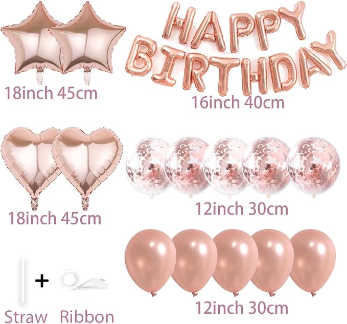 27 Pcs Rose Gold Birthday Decorations, 3D Foil Rose Gold Happy Birthday Balloon - Image 3