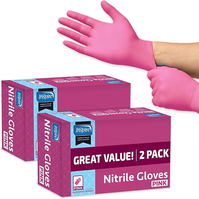 Inspire Pink Gloves Disposable Latex Free | Nitrile Pink Glove Hair and Nail Salon, Esthetician Nitrile Disposable Gloves