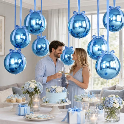 Blue Round Foil Balloons with Satin Bows and Ribbon - Image 6