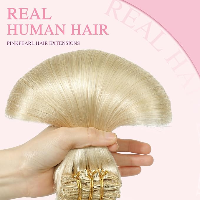 PINKPEARL Clip in Hair Extensions #60 Platinum Blonde Clip in Hair Extensions Real Human Hair 7pcs 120g 18inch Blonde Hair Extensios Clip ins for Women Straight Natural Human Hair Clip ins (#60-18)