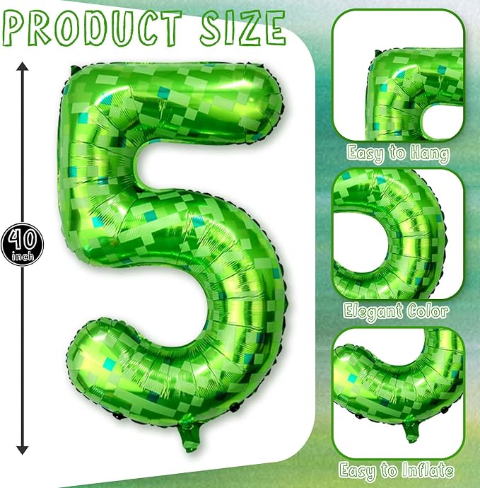 40 Inch Lime Green Pixel Number 15 Balloon, 15th Gamer Boy Party Decor | Huge - Image 3