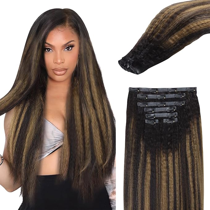 Lashey Kinky Straight Human Hair Clip in Extensions 110g 7pcs Seamless Clip in Hair Extensions Human Hair 20 Inch Natural Black Mixed Chestnut Brown 100% Remy Human Hair Extension Clips