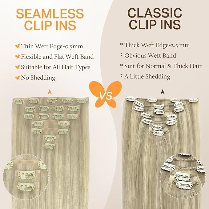 DOORES Clip in Hair Extensions - Real Human Hair, Ash Blonde Highlighted Platinum Blonde, 110g 7pcs 16 Inch, Invisi Edge Seamless Straight Natural Extensions