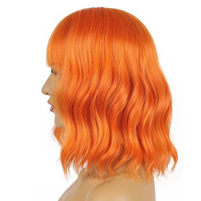 LANICE Short Bob Wigs with Bangs for Women Loose Wavy Hair Shoulder Length Orange Wigs Synthetic Colorful Wigs for Cosplay Daily PartyUse(Orange,12inch)