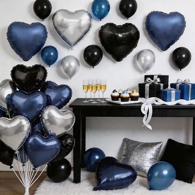 Black Blue Silver Heart Balloons, 18Inch Blue Silver Helium Balloon - Image 4